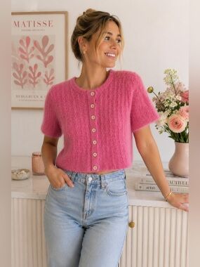 Tach Clothing Dalia Knit Cropped Cardigan Sweater Pink Short Sleeve Button Up M